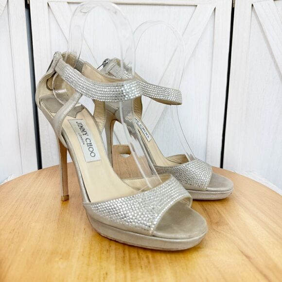 Jimmy Choo 015 Lancer Crystal Suede Strappy Heels Shimmer Silver Open Toe 37 - Picture 1 of 12